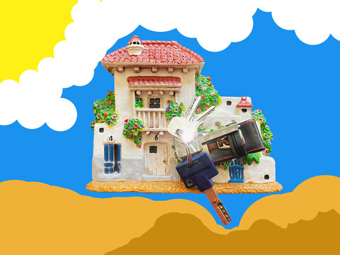 Agencia inmobiliaria, compraventa y alquiler de inmueble y llaves casa piso entrada hipoteca en vivienda de juguete real state agency con ilustraci&oacute;n y fondo gr&aacute;fico editable sol, cielo y tierra