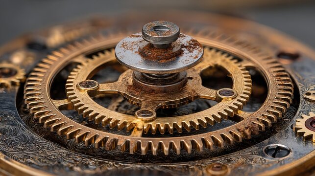 vigor. A hyper-detailed, aged bronze clockwork mechanism with a single gear removed, emitting golden light. product launch decks, UI/UX mockups, designed for product launches and innovation pitches.