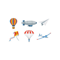 Collection of diverse airborne vehicles and toys for travel and recreation © amai line art