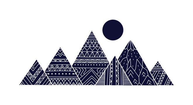 Minimalist Geometric Tribal Mountain Peaks Illustration with Folk Patterns and Moon Vector Graphic