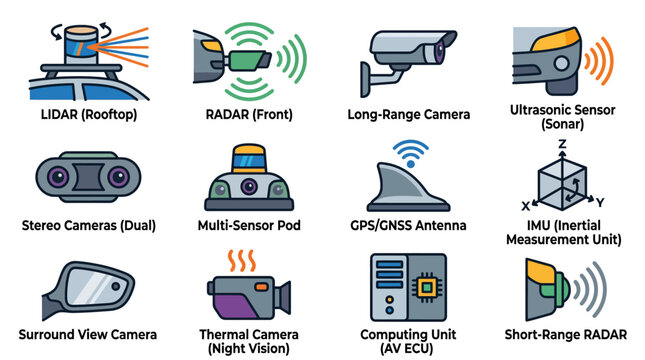 Autonomous Driving Sensors and Technology Icons: LiDAR, Radar, Cameras, GPS, IMU, ECU