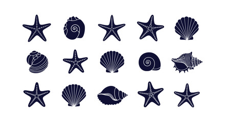 Navy blue sea shell and starfish vector silhouettes collection isolated on a white background icon © Bilkis Islam