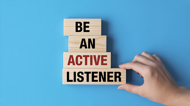 Wooden Blocks Stacked With Text Be An Active Listener On Blue Background With Hand