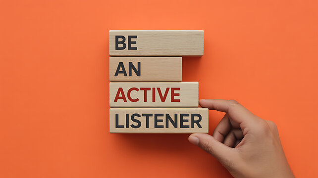 Wooden Blocks Stacked With Text Be An Active Listener On Orange Background With Hand