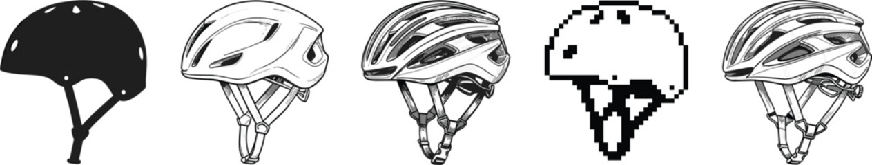 Bicycle and skateboard helmet vector icon set with different design styles including silhouette sketch and pixel art © MdBelal