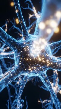 Glowing neurons transmit electrical signals through a complex neural network. Cinematic lighting illuminates the bioluminescent structures and detailed textures.