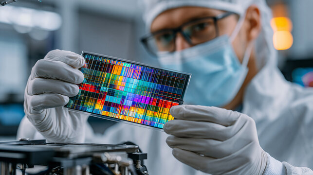 Perovskite solar cell researcher transfers a freshly deposited film onto a testing jig inside a cleanroom enclosure, the sterile white background of the controlled environment contrasting with the i