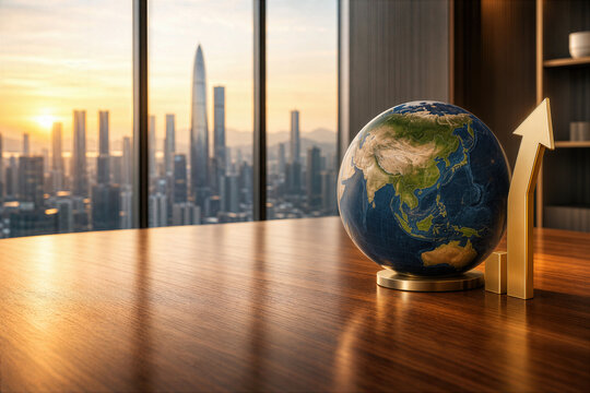 APEC 2026 Shenzhen summit concept globe centered on China with golden upward arrow symbolizing Asia-Pacific economic growth leadership and trade investment partnership for meeting reports