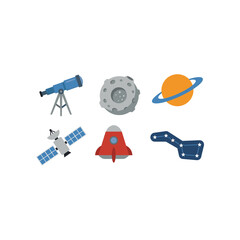 Space Icons: Telescope, Rocket, Planet, Satellite, Asteroid, Constellation © amai line art