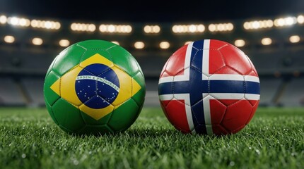 Naklejka premium Brazil vs Norway Soccer Match. Two national flag footballs on a stadium grass pitch, illuminated by bright lights, symbolizing international competition and championship.