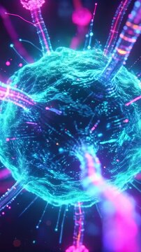 Vertical video: Pulling back camera revealing cyan sphere in 3D charging from pink tendrils, nodes