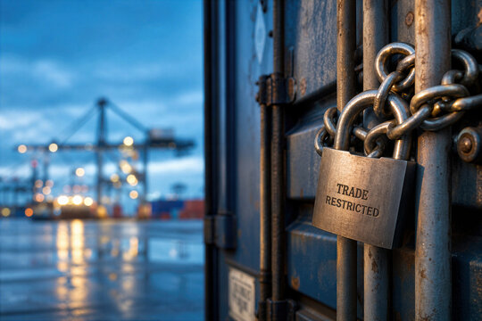 Heavy stainless steel padlock labeled Trade Restricted securing industrial chain on shipping container lock bars at maritime terminal symbolizing trade sanctions economic embargo compliance risk