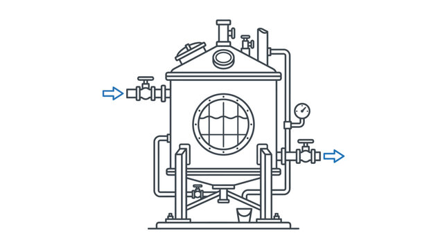 A detailed illustration of an industrial machine with pipes and valves, showing a large circular window on its front panel, surrounded by various controls and gauges.