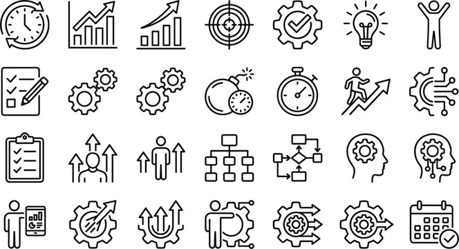 Business productivity and corporate management line icon set featuring time tracking charts strategy gears and goal achievement elements