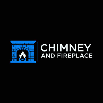 Modern fireplace logo with blue flames on dark background.