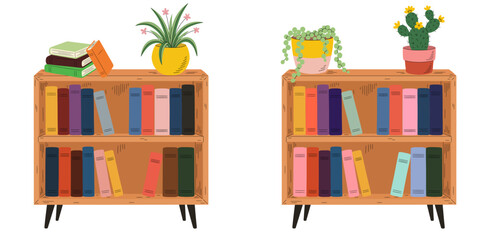 Two wooden bookshelves filled with colorful books and potted house plants. Cozy home library interior element, mid century modern bookcase hand drawn vector illustration isolated on white background © Алла Машичева