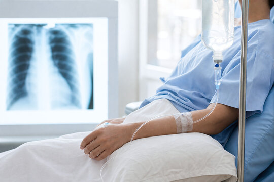 Hospital patient receiving intravenous therapy near lung scan
