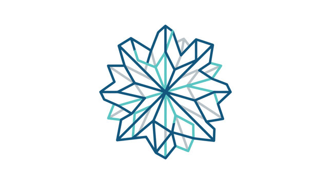 Geometric snowflake abstract design, crystal starburst, symmetrical pattern, winter holiday motif, modern minimalist art, blue and teal lines on white background.