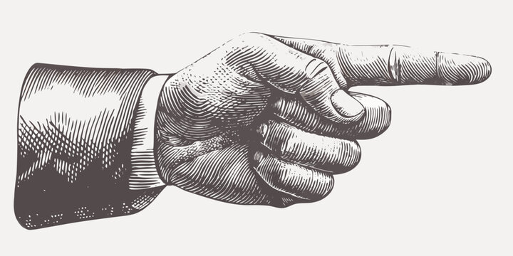 Pointing hand illustration in vintage etched style with detailed linework