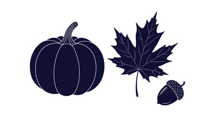 Autumn harvest collection featuring pumpkin, maple leaf and acorn silhouettes on white backdrop. © Bilkis Islam