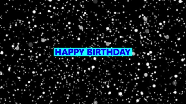 Festive happy birthday text animation on black background.