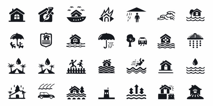 Flood Safety Pictograms Black Flat Icons On White Background