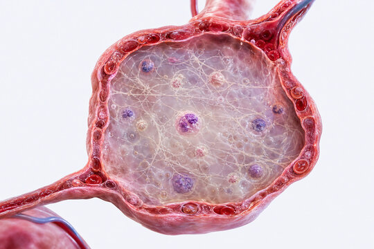 Inflamed alveolus filled with fluid and fibrin strands