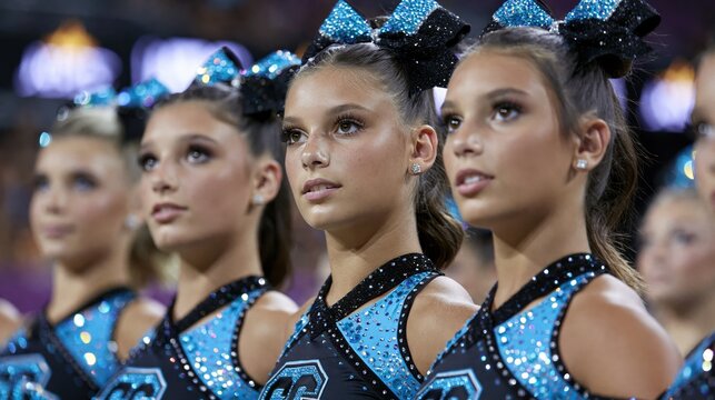 Teenage cheerleaders in sparkling uniforms and bows stand in formation