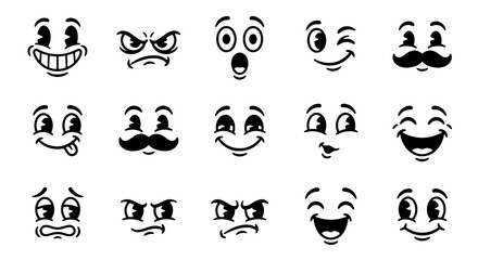 Fototapeta premium Retro Cartoon Faces, Vintage Emotive Expressions, Classic Animation Style Expressions, 15 Unique Character Elements