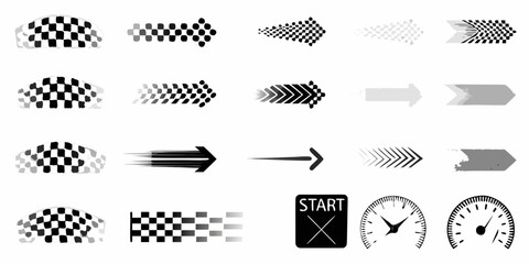 Obraz premium Checkered Flag And Arrow Icons With Speedometer Flat Vector Illustration