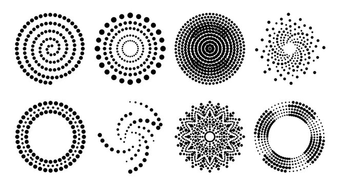 Abstract Dot Patterns, Circular Halftone Designs, Radial Swirls, Geometric Dotted Mandalas, Vector Graphics Set