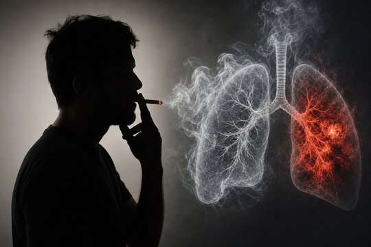Smoking silhouette beside inflamed glowing lungs concept