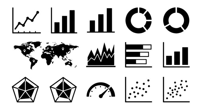 Business Data Charts & Graphs, World Map Icons, Analytics & Performance Metrics Vector Set