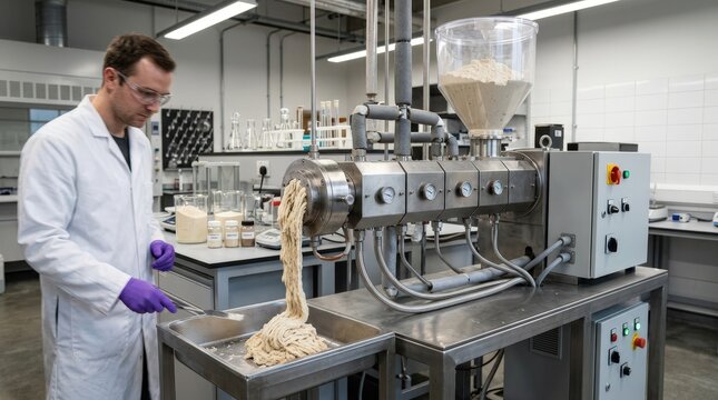 Medium shot of pilotscale extruder unit in a lab setting demonstrating experimental batch processing for nextgen plantbased protein textures.