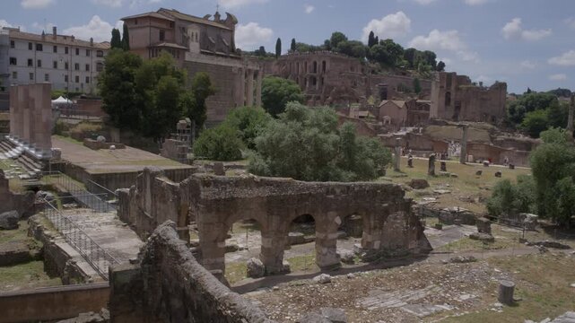 Panoramic View Across Roman Forum and Historic Churches Under Summer Sky in Rome Italy Shot with Cinema Camera