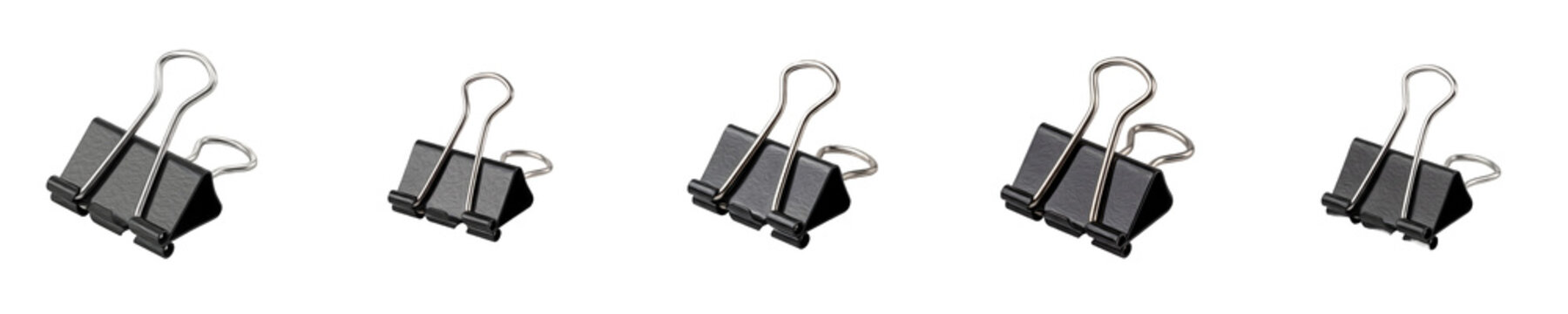 isolated set of the five  black metal binder clips (also known as foldback clips or paper clamps) on withe background PNG photo stock''