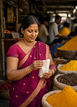 Woman packing and weighing spices at a bustling market stall with baskets of turmeric and cloves visible. The vendor wears a traditional sari and smiles while serving customers.