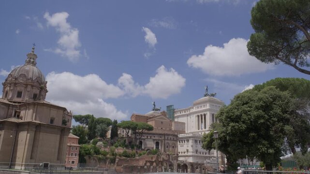 Wide Panorama of Roman Forum Ruins and Ancient Archaeological Landscape in Rome Italy Summer Travel View Shot with Cinema Camera