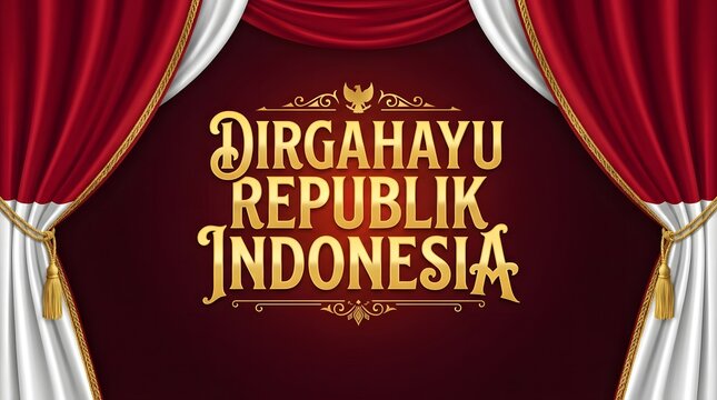 Indonesian Independence Day celebration background featuring majestic red and white stage curtains theater style with elegant golden font.