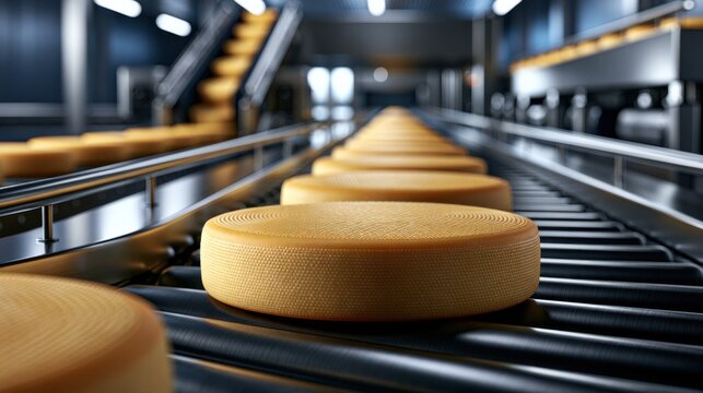 Cheese wheels on a stainless steel conveyor belt, leading to automated packaging in a modern factory setting.
