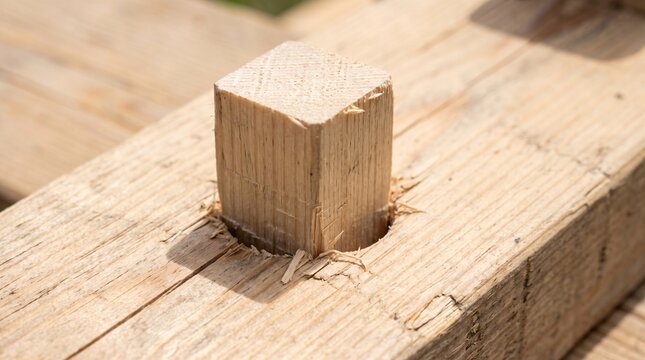 Square Peg in a Round Hole: a Wooden Peg Jammed Partway Into a Too-Small Round Opening