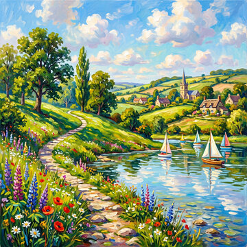 Idyllic Countryside Landscape Painting: Lake, Sailboats, Village, Flowers, Path