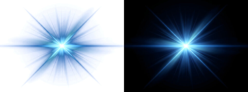 Lens flare blue starburst graphic with a PNG, Transparent and Black Background Versions for creative overlay designs
