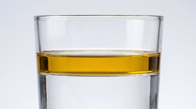 Oil and Water Concept, a Golden Oil Layer Sitting Separated Above Water in a Clear Glass