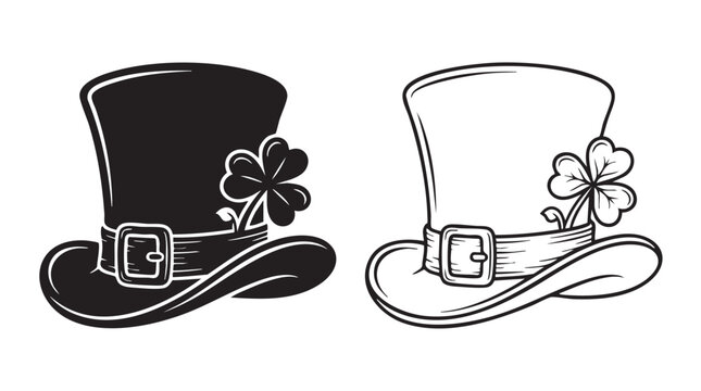leprechaun hat with shamrock black silhouette line art vector icon black silhouette black silhouette with line art vector icon