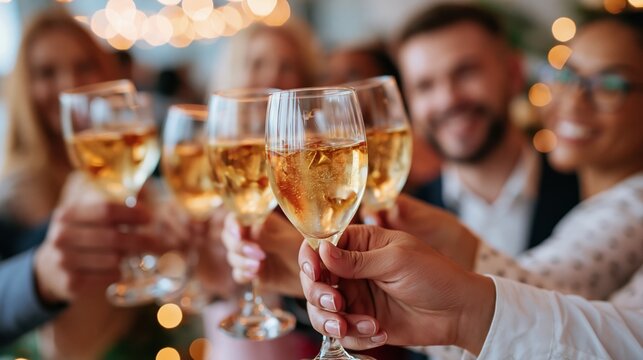 Diverse group of friends raising champagne glasses in a toast at a celebration