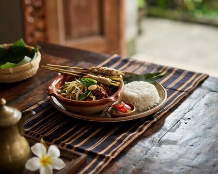 traditional balinese sate lilit and lawar with white rice served on a rustic wooden table.