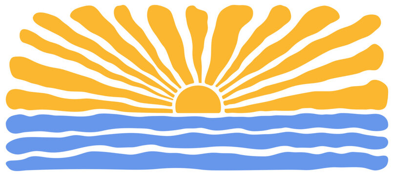 Sun and wave background, summer groovy pattern. Sunrise over ocean bg. Retro yellow ray and line blue sea, color burst and sunset beach. Cartoon abstract vector illustration
