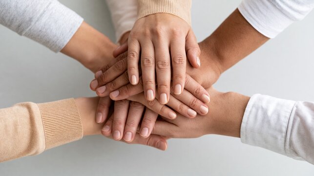 Diverse hands stacked together symbolizing unity, teamwork, and collaboration