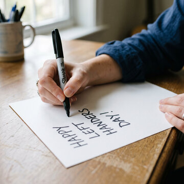 Left hand writing "Happy Left Handers Day!" on paper with marker